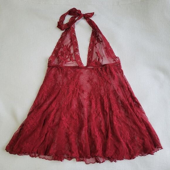 FREDERICKS OF HOLLYWOOD Maroon Lace Babydoll Size M/L Halter Neck Floral Unlined - Picture 3 of 6